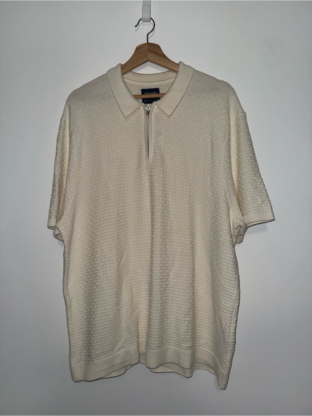 Abercrombie & Fitch Cream Short Sleeve Zip-Knit Polo